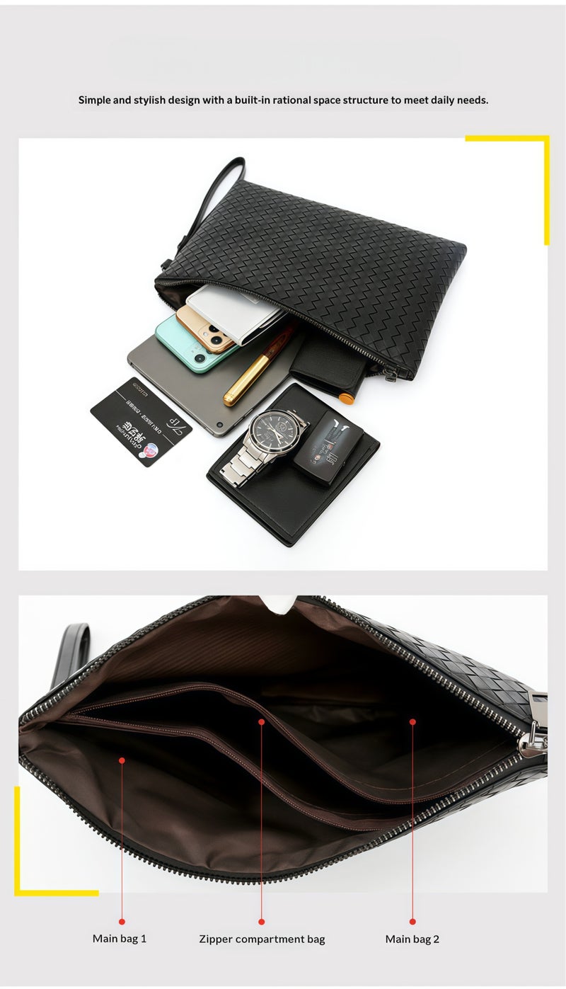 maffick Men’s Hand-Woven Soft Leather Clutch Bag - Luxury Business Wristlet with Zipper Divider - Available in small (24cm) Size - Black - Image 4